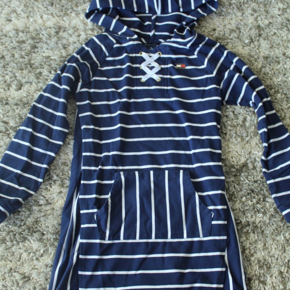 Tommy Hilfiger Nautical Girls Striped Long Sleeve Hooded Pocket Dress Sz M 8/10